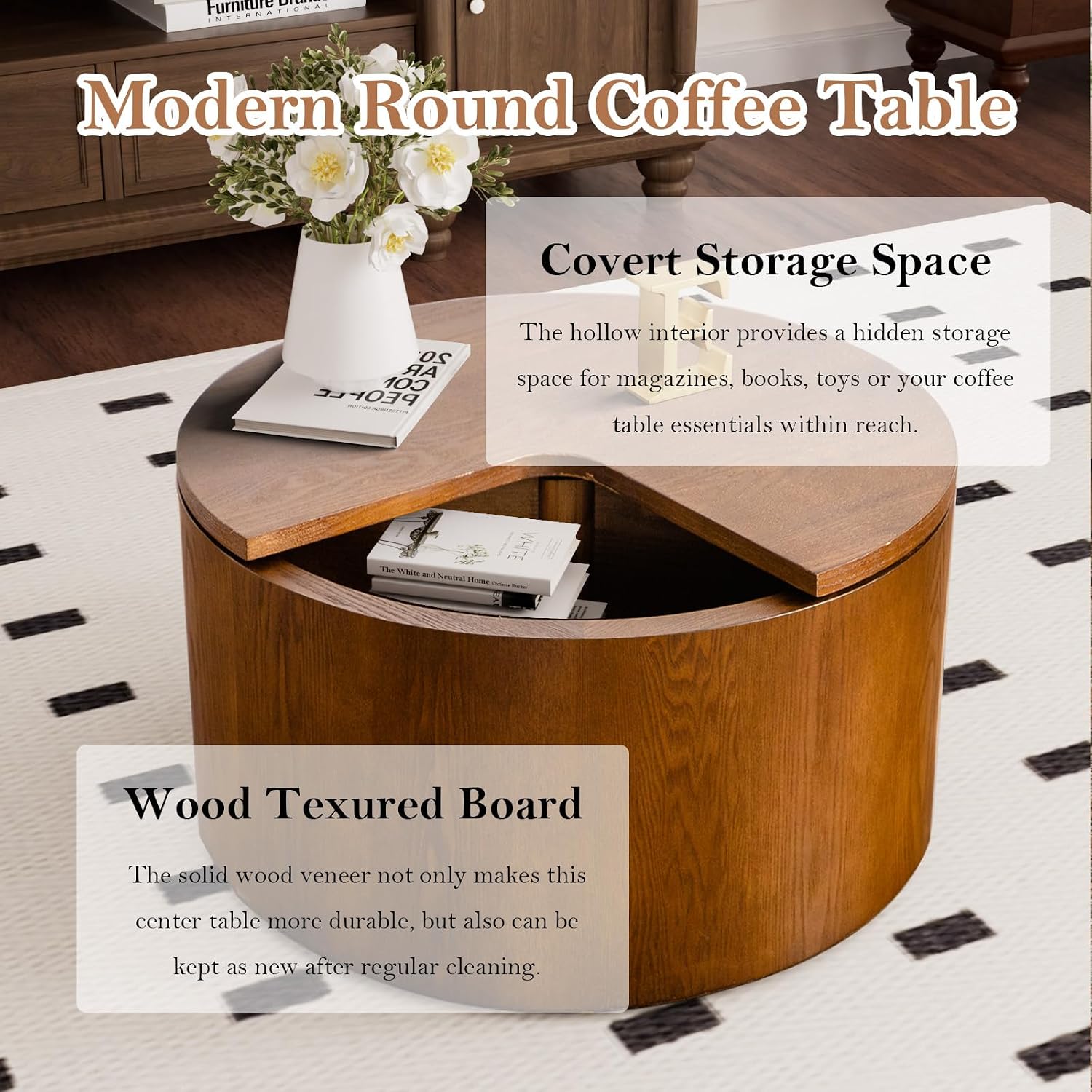 27.16' Modern Walnut Side Table with Storage, Mid Century Round Sofa End Table - 360° Rotation Tabletop for Small Space No Assemble Required (Walnut 27.16in)