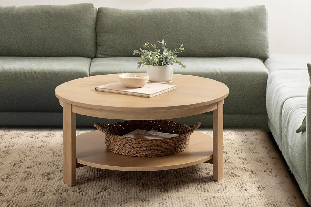 Kate and Laurel Foxford Tiered Round Coffee Table, 34 x 34 x 17, Light Natural, Transitional Two-Tier Circle Living Room Table with Storage and Resilient Wood Construction