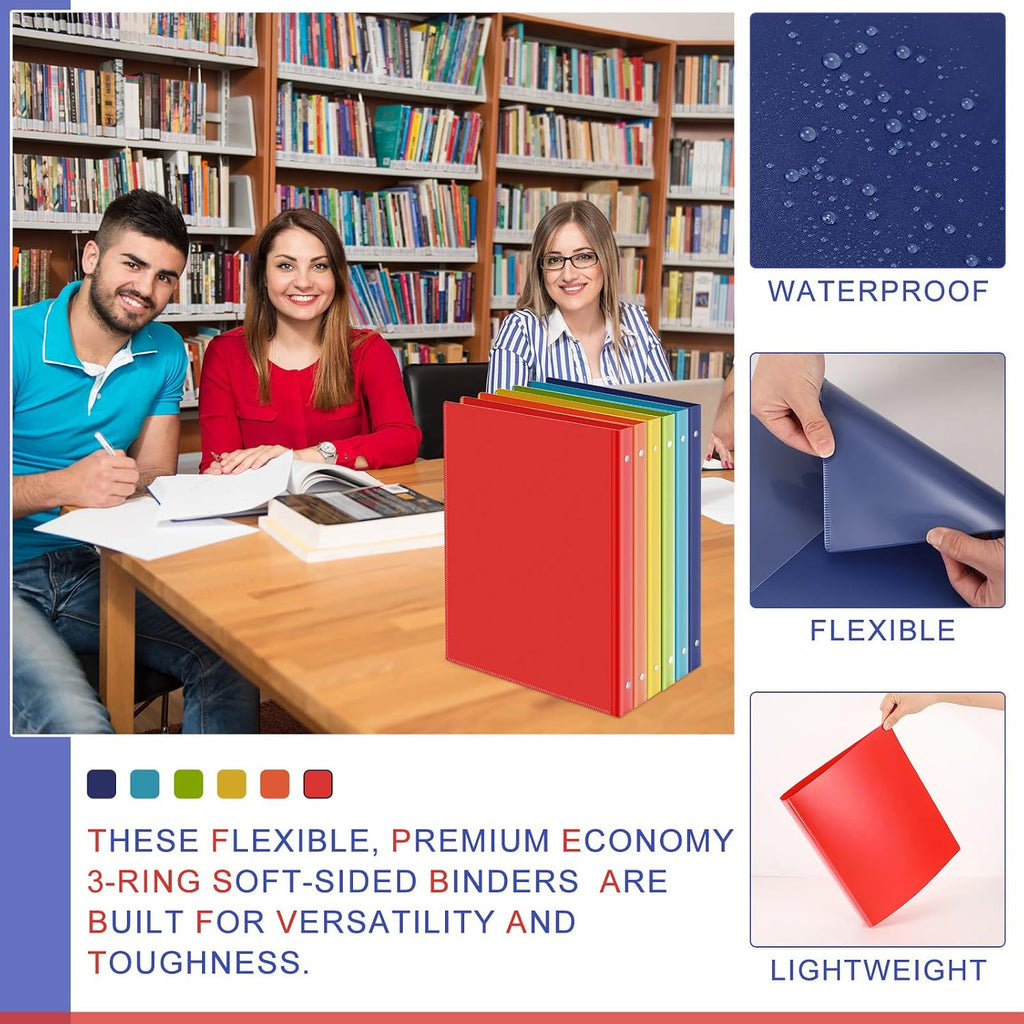 Fulmoon 48 Pack 3 Ring Plastic Binders 1 Inch Bulk with 2 Pockets, Flexible Binder Loose Leaf Hardcover, Fit 12' x 10' US Letter Size Paper, for School Office Home, 6 Colors(Vibrant)
