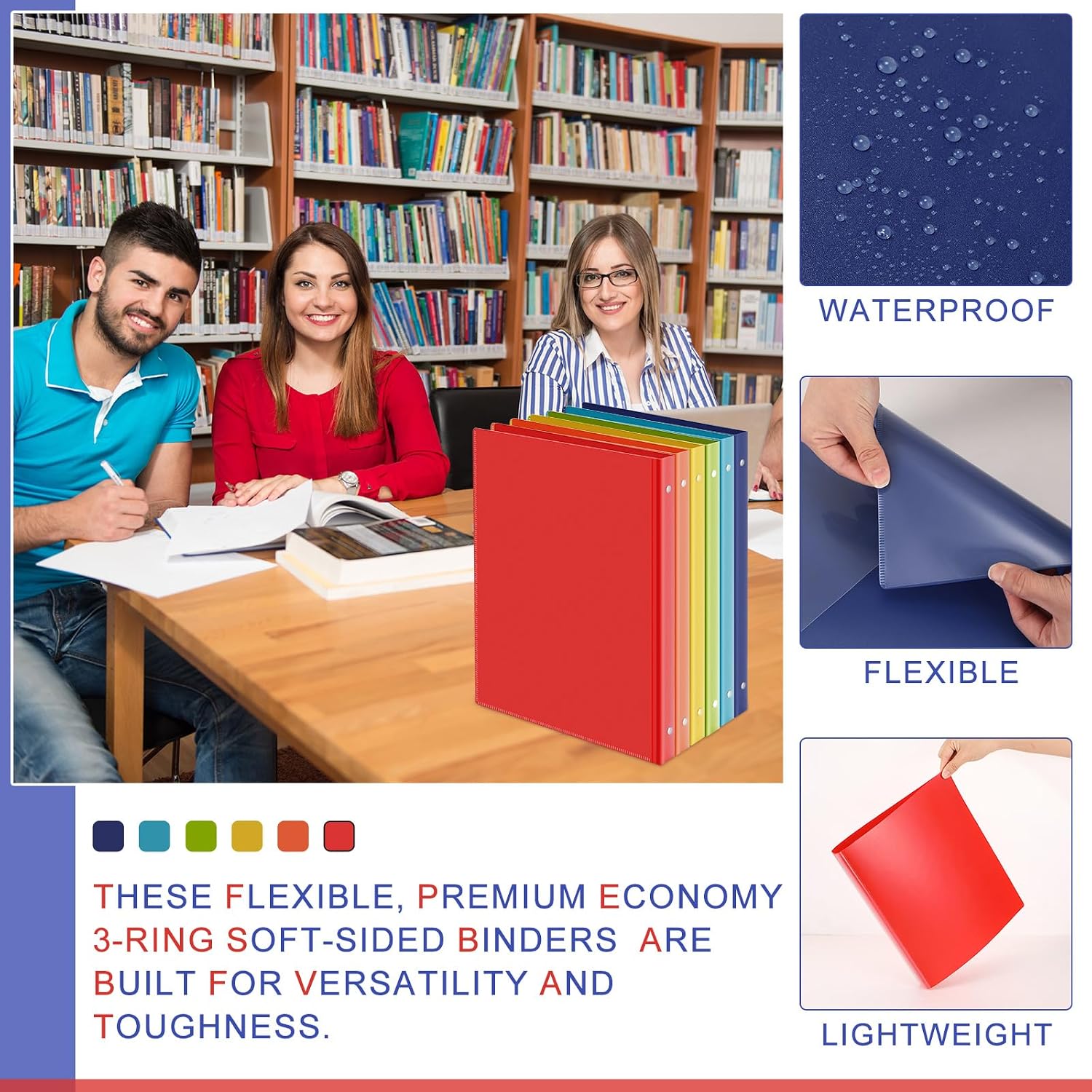 Fulmoon 48 Pack 3 Ring Plastic Binders 1 Inch Bulk with 2 Pockets, Flexible Binder Loose Leaf Hardcover, Fit 12' x 10' US Letter Size Paper, for School Office Home, 6 Colors(Vibrant)
