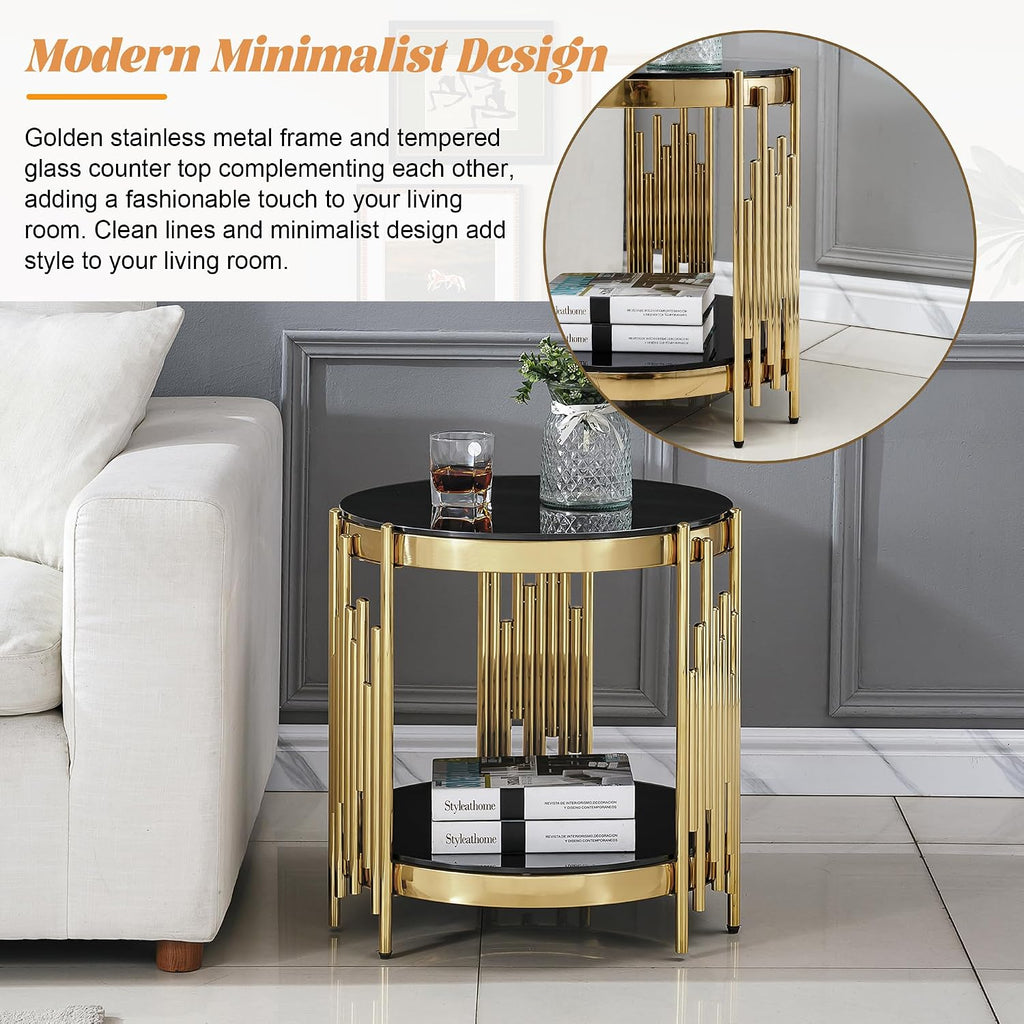20' Round Glass End Table, 2-Tier Gold Side Table with Stainless Steel Legs and Black Tempered Glass, Modern Luxury End Table for Living Room Home Office