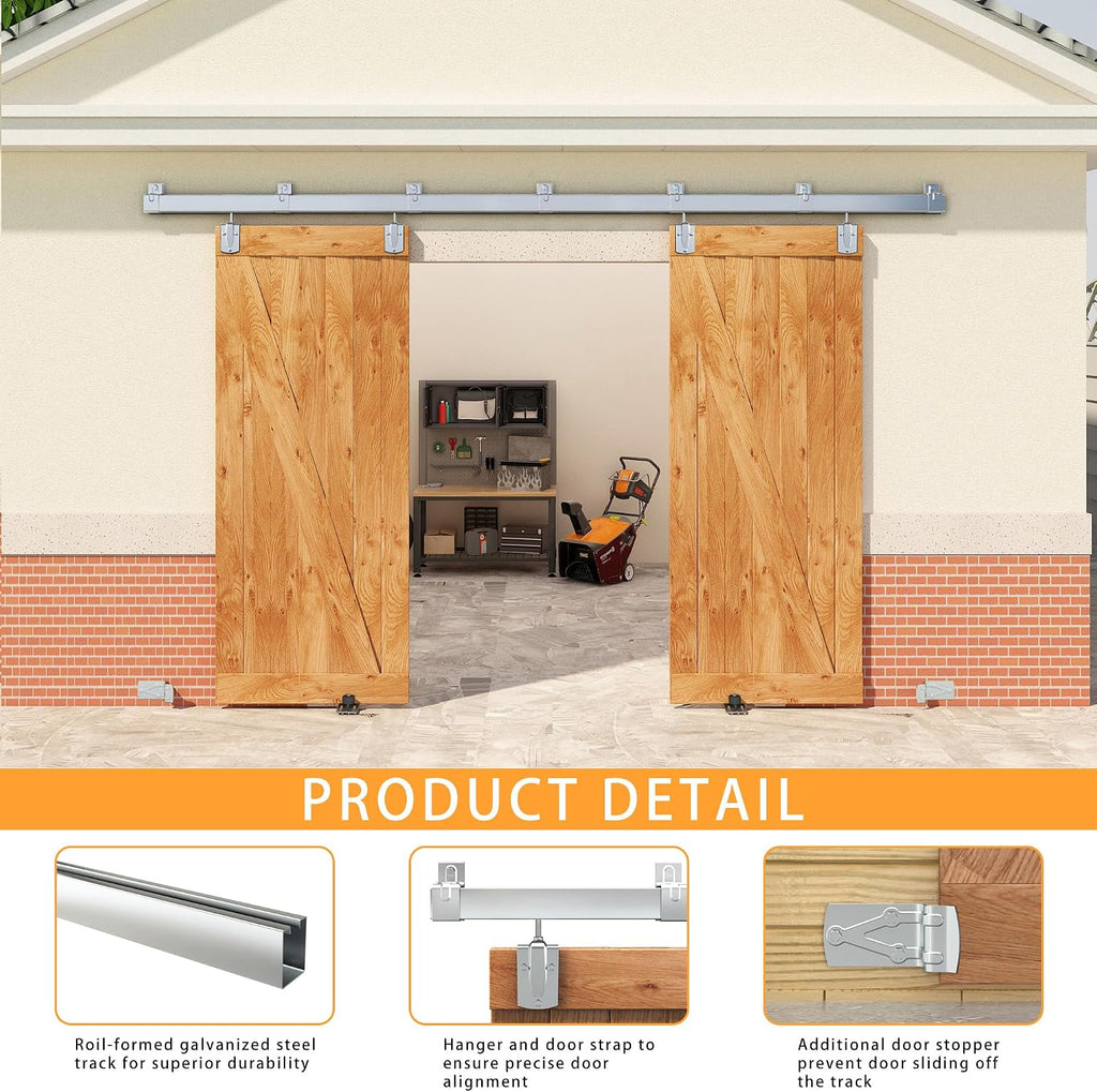 10FT Box Rail Exterior Barn Door Hardware Kit for 2 Doors, Sliding Heavy Duty Barn Door Track, Wall Mount Barn Door Hardware with 7 Track Brackets,Silver(Doors NOT Include)