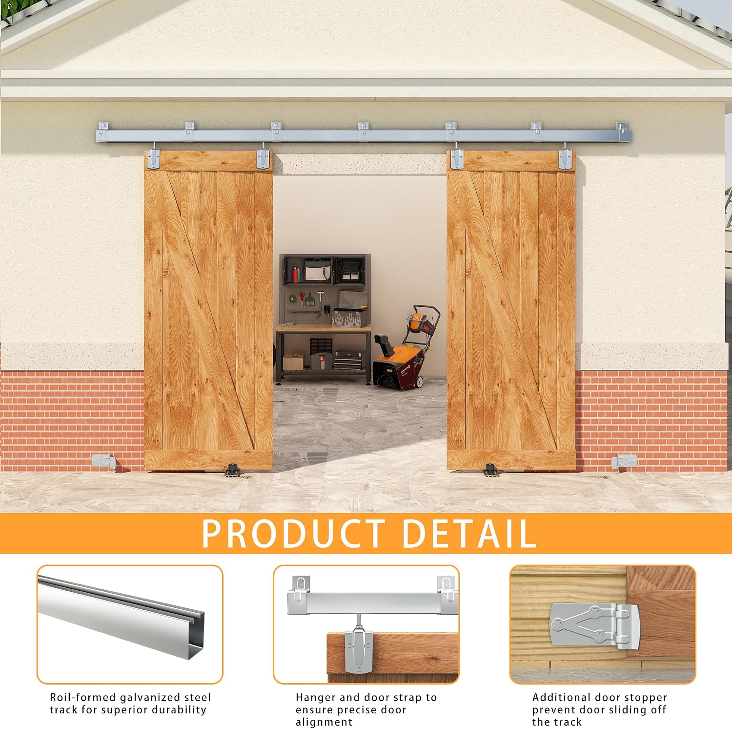 10FT Box Rail Exterior Barn Door Hardware Kit for 2 Doors, Sliding Heavy Duty Barn Door Track, Wall Mount Barn Door Hardware with 7 Track Brackets,Silver(Doors NOT Include)
