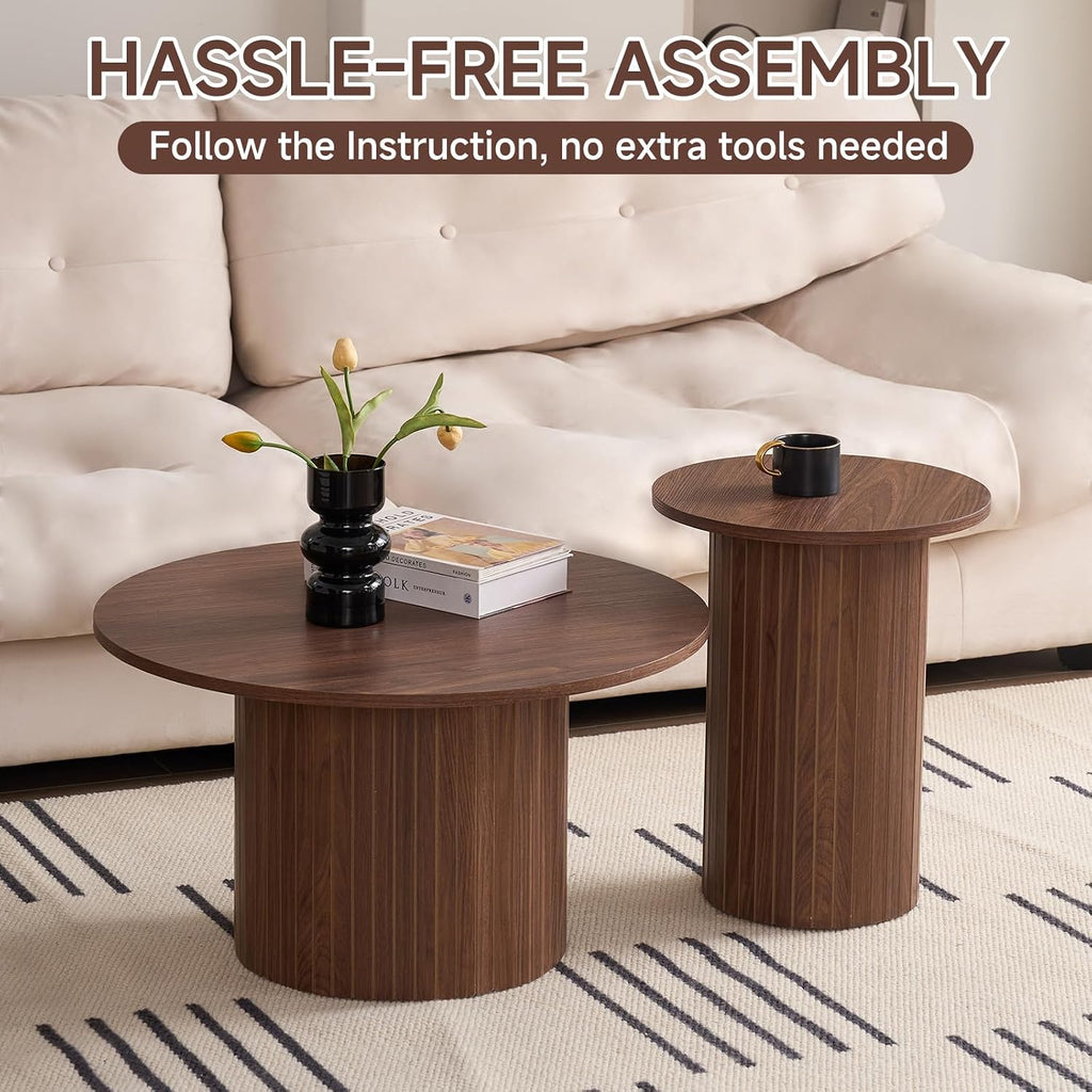 Round Coffee Tables Set of 2, Circle Modern Small Wood Side Table with Fluted Style Drum Base for Living Room Bedroom Balcony Office, Walnut