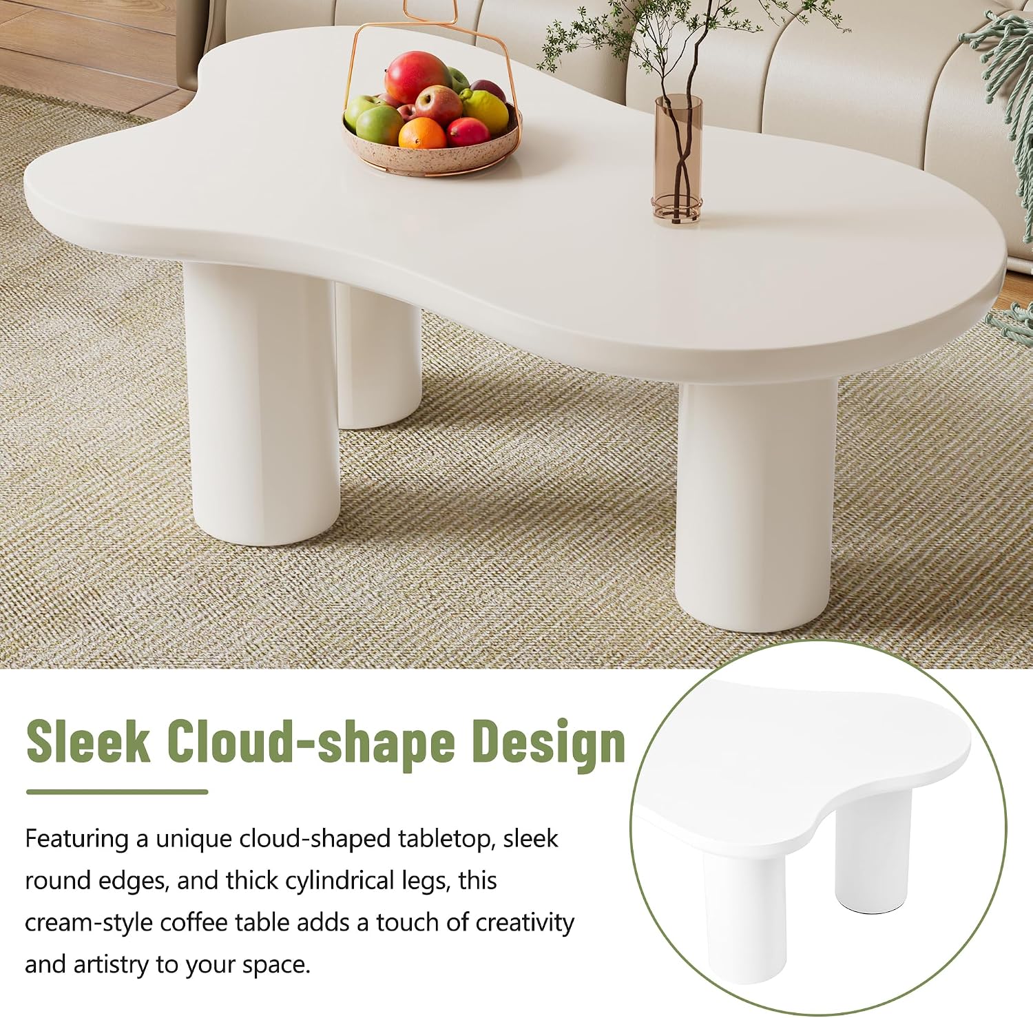 Merax 44' W Irregular Cloud Style White Coffee Table with 1.5' Thickness Tabletop, Wooden End Table Center Table with Round Edge and 3 Sturdy Legs for Living Room or Bedroom
