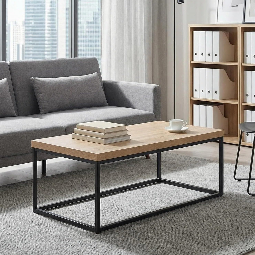 CENSI 47-Inch Natural Oak Coffee Table for Living Room, Modern Industrial Rectangular Wood and Metal Center Table with Extra Thick Tabletop (Natural Wood)