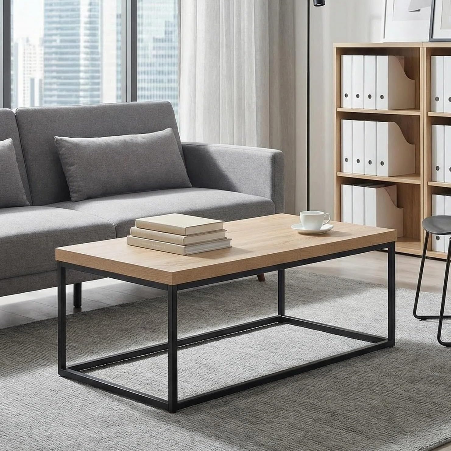 CENSI 47-Inch Natural Oak Coffee Table for Living Room, Modern Industrial Rectangular Wood and Metal Center Table with Extra Thick Tabletop (Natural Wood)