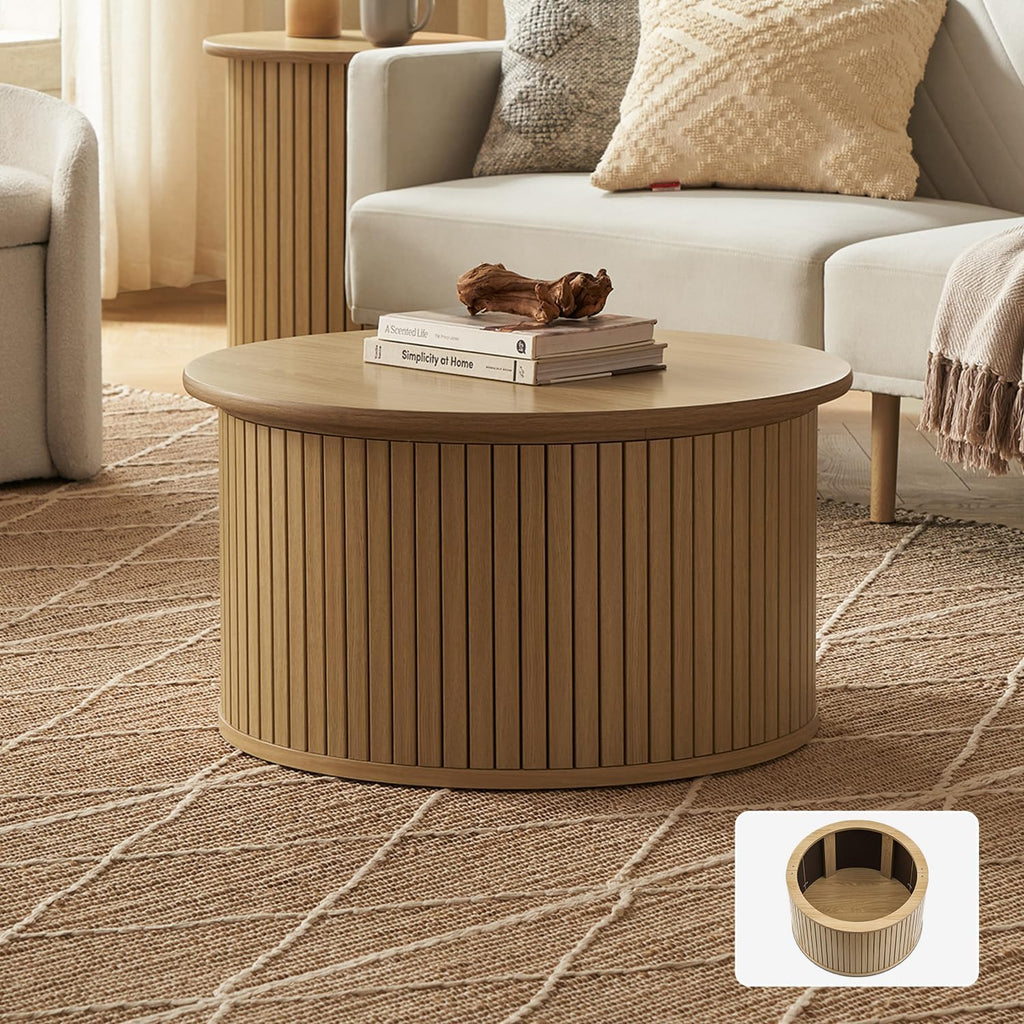 mopio Quin Tambour Round Circle Coffee Table with Storage, Drum Accent, Mid Century Modern, Wood, Fluted Center, Tea Table with Removable Lid, Living Room (Oak)