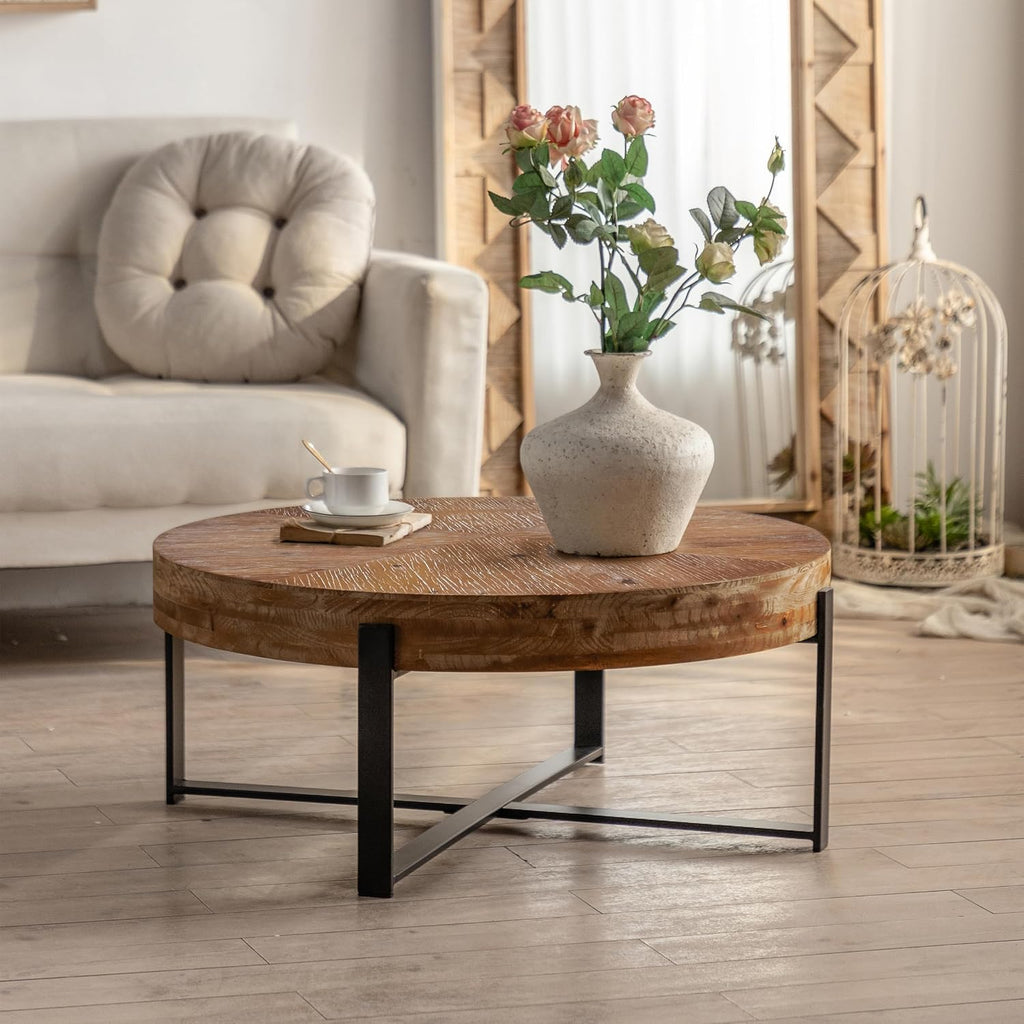 Setawix Farmhouse Round Coffee Table for Living Room, 31.29' Small Side End Table, Wood Retro Splicing Coffee Table, Modern Accent Coffee Table Entry Way Table with Black Metal Cross Leg