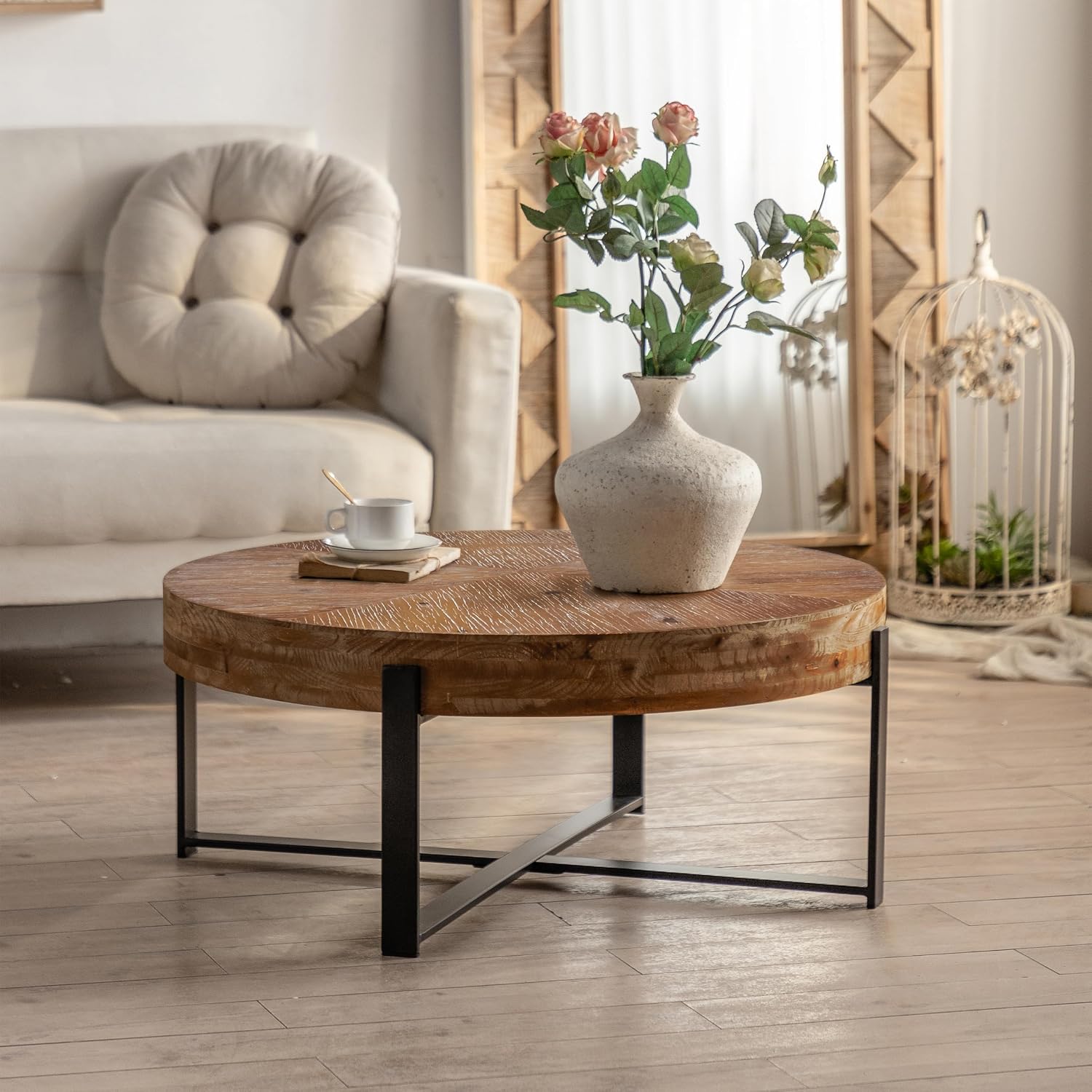 Setawix Farmhouse Round Coffee Table for Living Room, 31.29' Small Side End Table, Wood Retro Splicing Coffee Table, Modern Accent Coffee Table Entry Way Table with Black Metal Cross Leg
