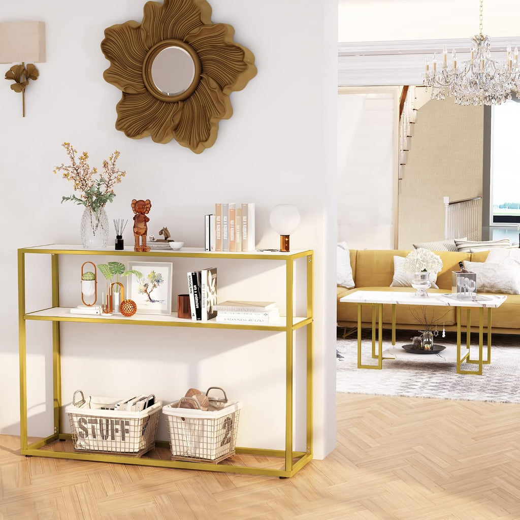 Lamerge Living Room Table Set of 3,Faux Marble Coffee Table & 3-Tier Side Table & Console Tables,Modern Table Set with Gold Metal Frame, White &Gold, Rectangle with Console (LLRT-WG)