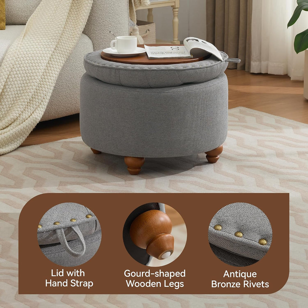 WUTUTUEE 24Inch Round Storage Ottoman with Tray, Modern Tufted Fabric Circle Coffee Table with Storage, Upholstered Ottoman with Removable Top for Living Room, Bedroom, Light Grey