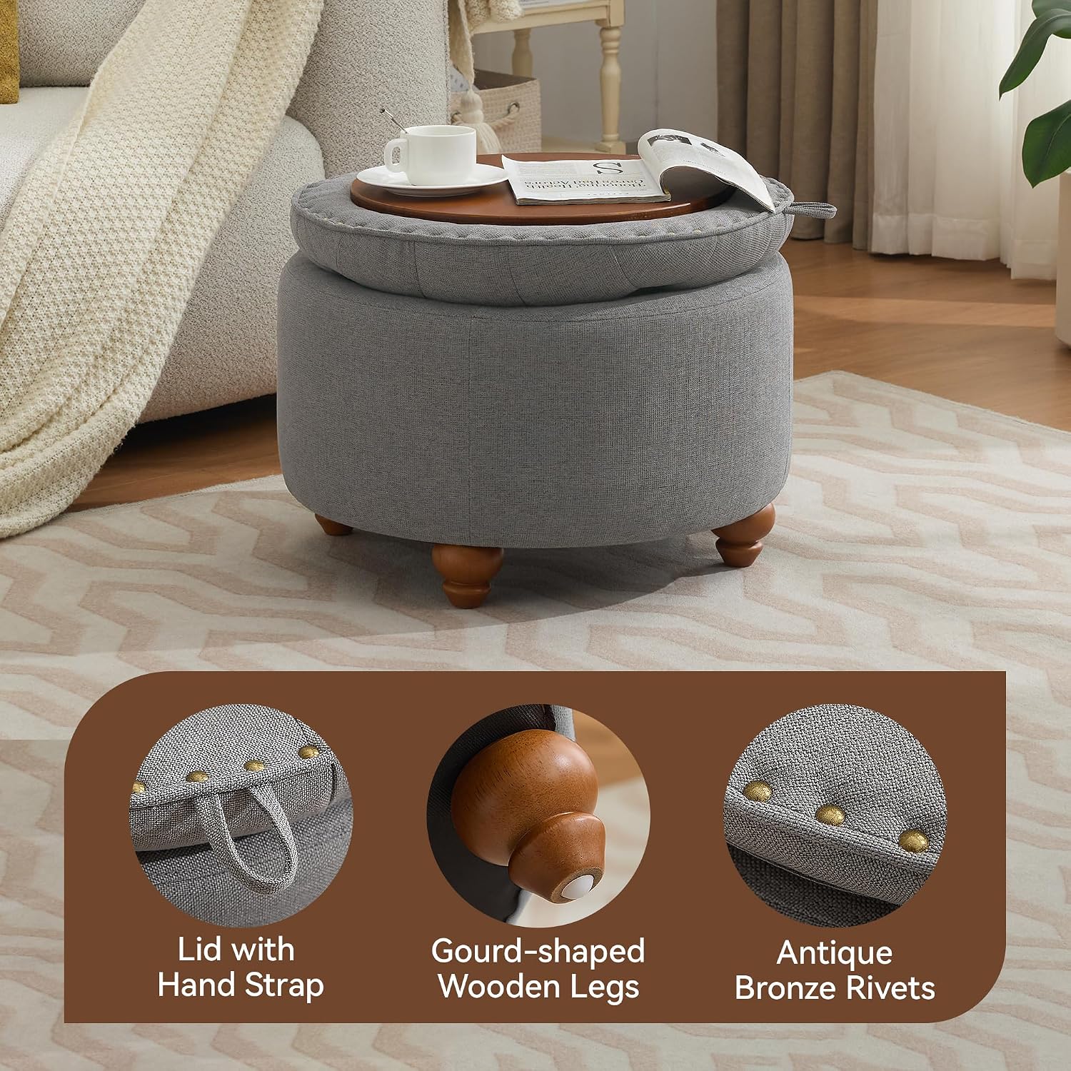 WUTUTUEE 24Inch Round Storage Ottoman with Tray, Modern Tufted Fabric Circle Coffee Table with Storage, Upholstered Ottoman with Removable Top for Living Room, Bedroom, Light Grey