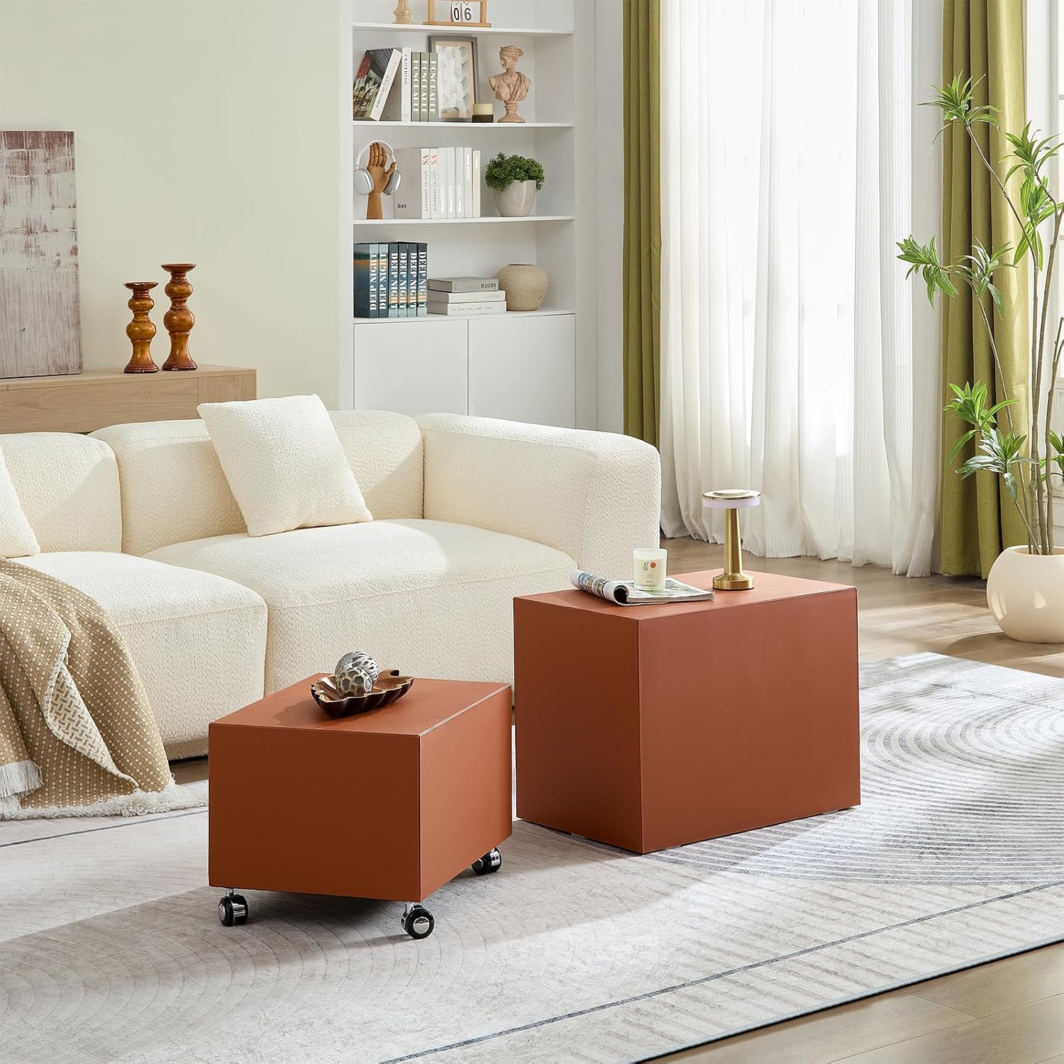 23.62' Modern Leather Coffee Table Set, Minimalist Center Table with Wheels, Wooden Coffee Table Sets for Living Room, Apartment, Office, Bedroom, Orange