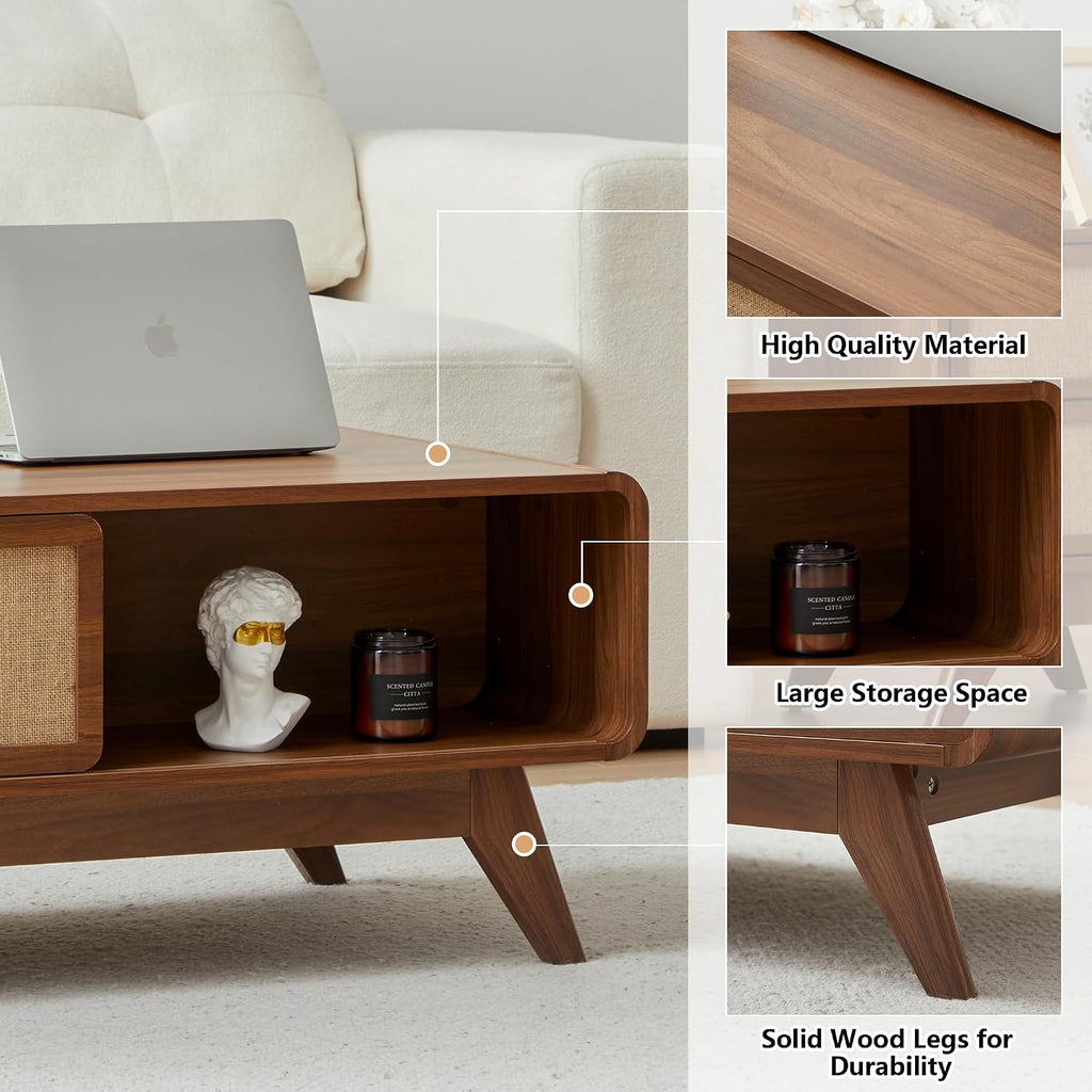 AVZEAR Mid Century Modern Coffee Table with Storage, Curved Edge Wood Coffee Table with Sliding Nature Linen Door, Farmhouse Center Table Rectangle Coffee Table for Living Room, Office, Walnut
