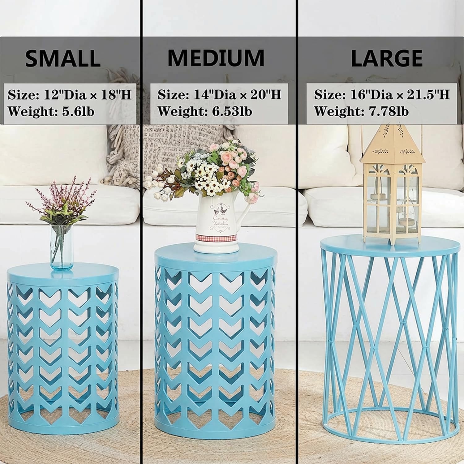 Nesting Side Table Set of 3 Decorative Round Garden Stools for Indoor Outdoor Heavy Duty Metal Frame Side Table Nightstands Modern End Table Plant Stand, Light Blue