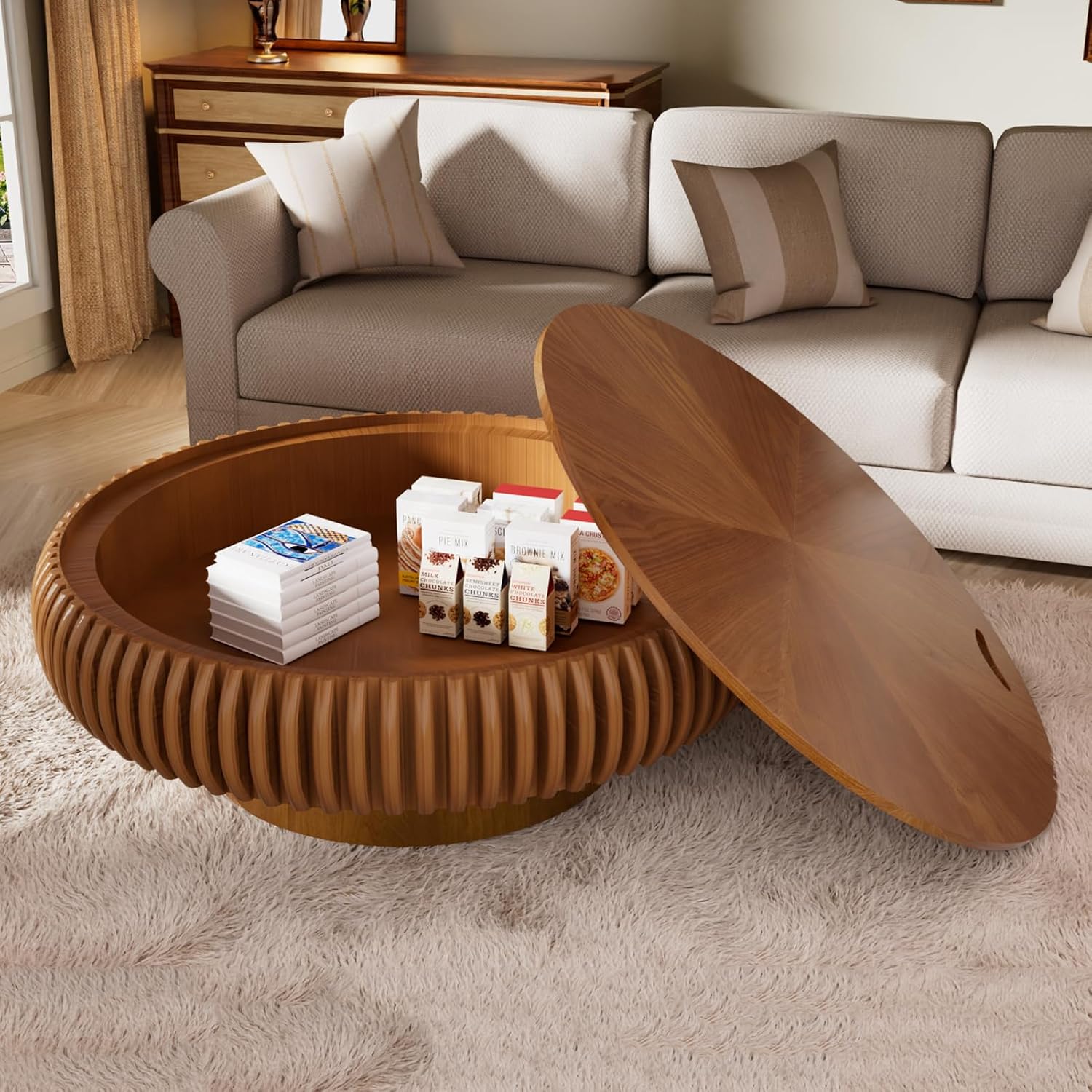 39.37'' Round Drum Coffee Table with Hidden Storage, Modern Fluted Coffee Tables with Solid Wood Veneer, Wooden Circle Center Table for Living Room, Small Spaces, and Apartments, Easy Assembly