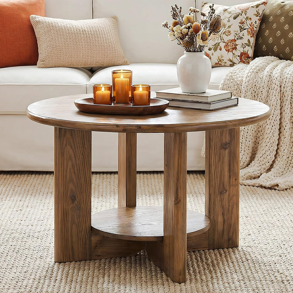Tribesigns Round Solid Wood Coffee Table, Circle Coffee Table with 2-Tier Storage, Small Farmhouse Center Table for Living Room, Rustic Brown