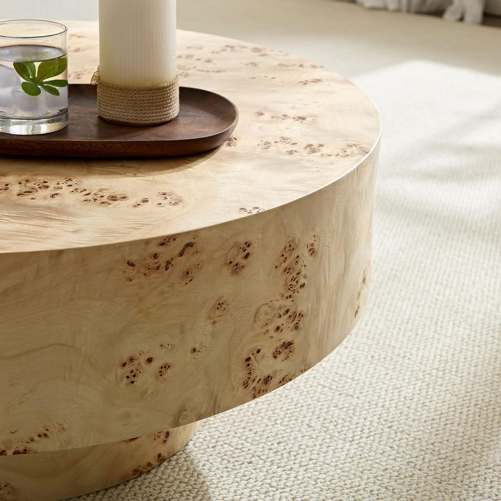 Round Coffee Table, 31.49' Modern Burl Wood Veneer Coffee Table with Pedestal, Circular Center Table Accent Side Table for Living Room Apartment, Oak