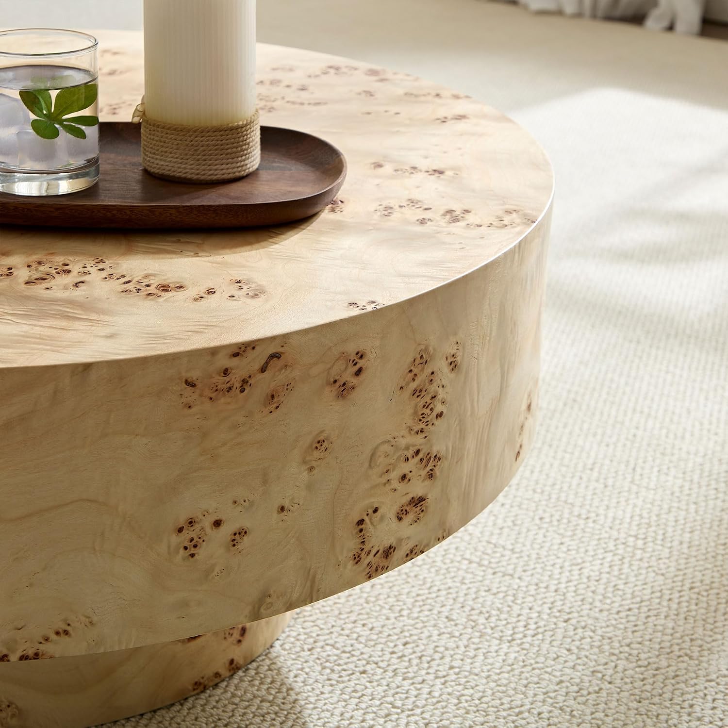 Round Coffee Table, 31.49' Modern Burl Wood Veneer Coffee Table with Pedestal, Circular Center Table Accent Side Table for Living Room Apartment, Oak