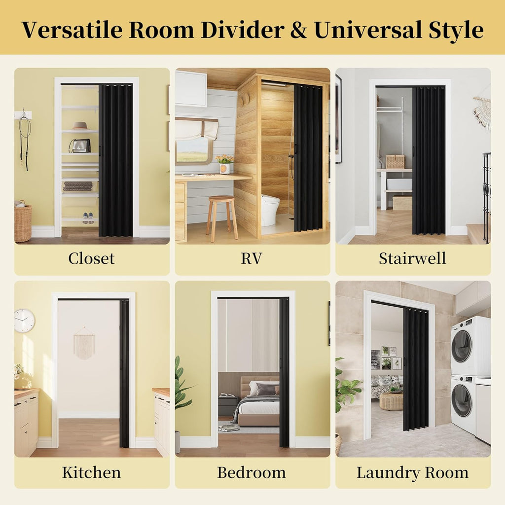 96' x 80' PVC Interior Accordion Door, Suitable for Opening Width 73'-96', Trimmable Height & Width, Room Dividers for Pantry Laundry Closet RV, Strong Magnet Folding Doors, Easy to Install, Black