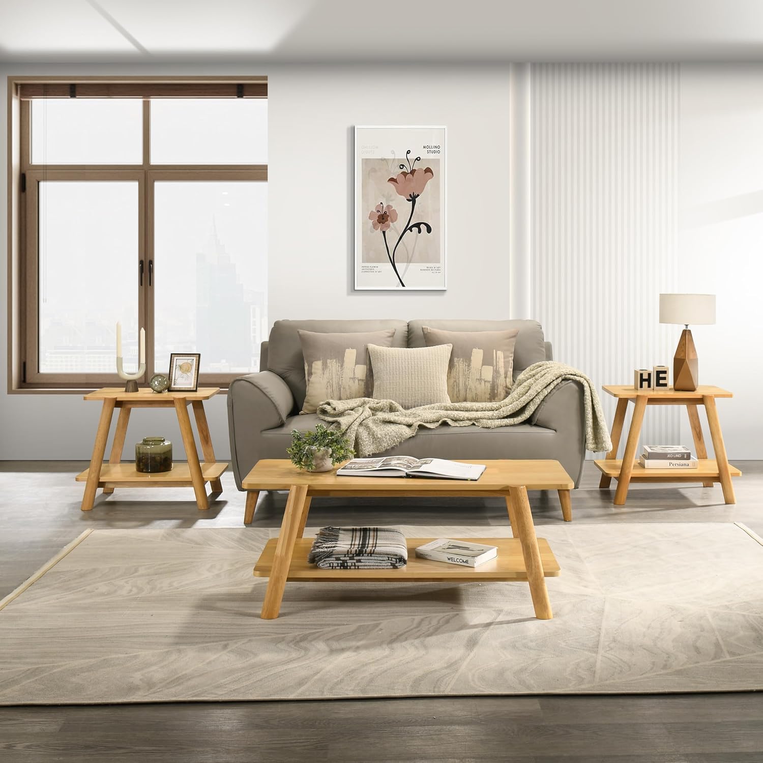 Roundhill Furniture Metz 3-Piece Coffee Table Set, Coffee Table and Two End Tables, Natural Oak Finish