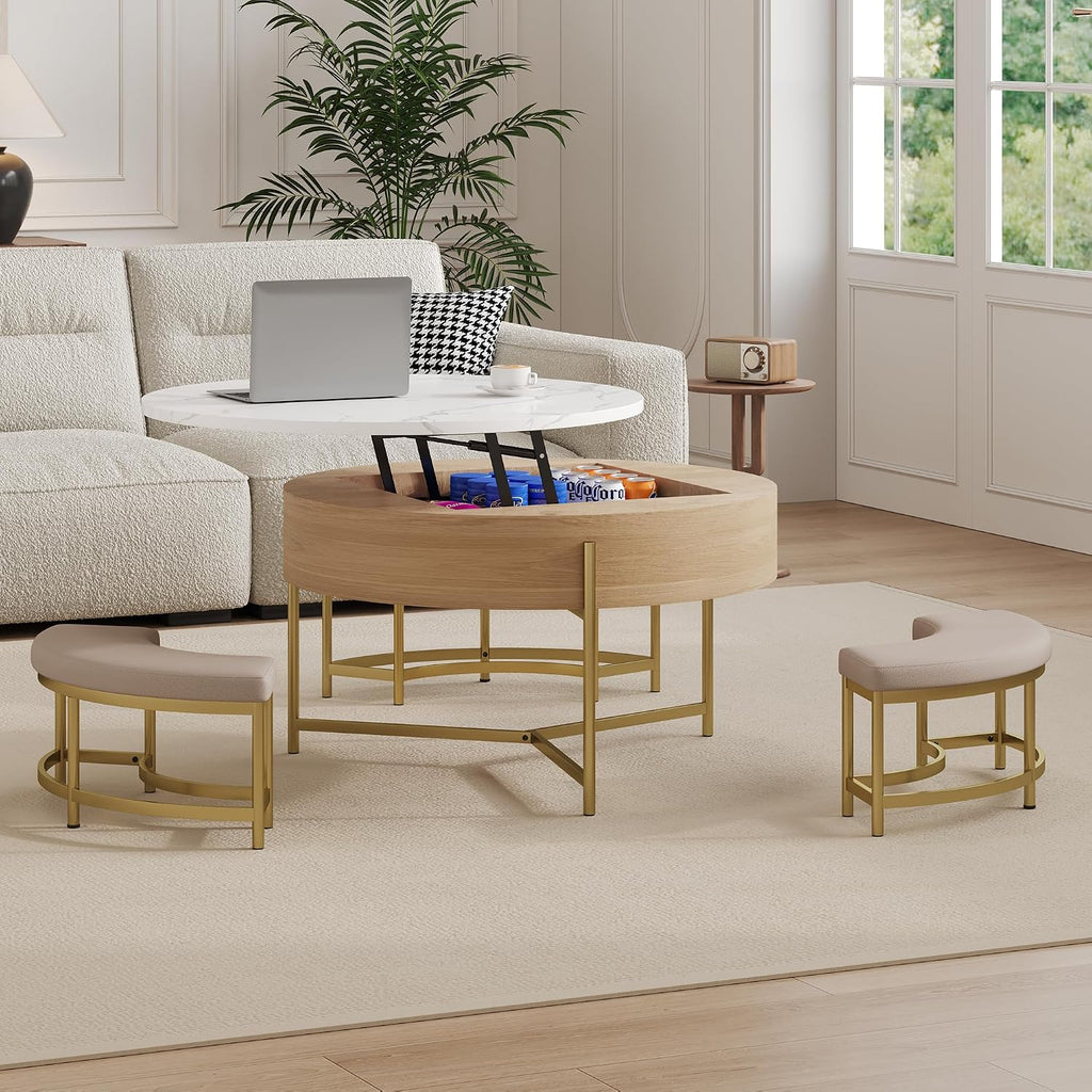 31.5' Modern Round Lift-Top Coffee Table with Storage & 3 Ottoman,White & Natural