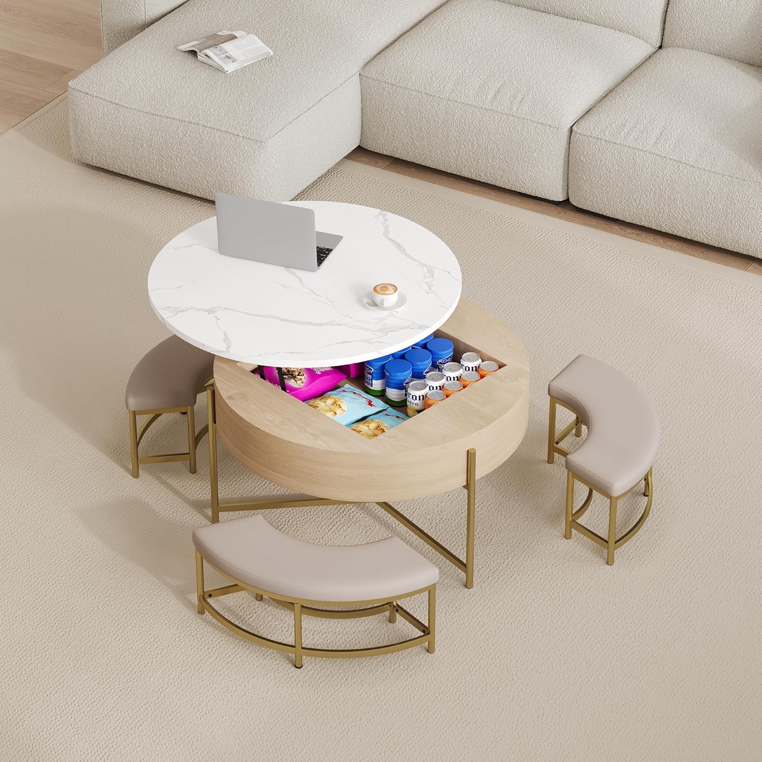 31.5' Modern Round Lift-Top Coffee Table with Storage & 3 Ottoman,White & Natural