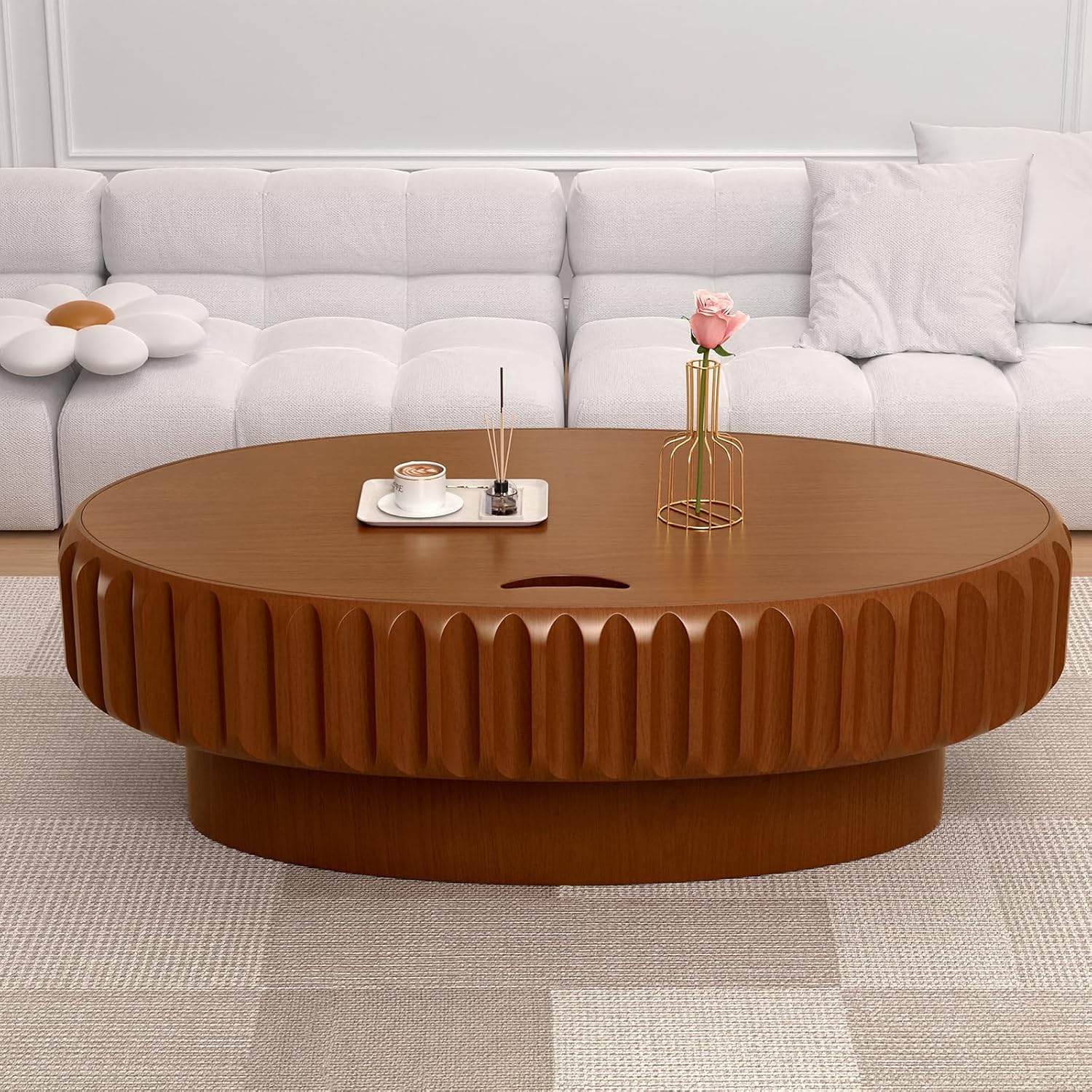 Round Drum Coffee Table White Fluted Coffee Table Circle Center Table Pedestal End Table for Apartment (Oval 43.3in)