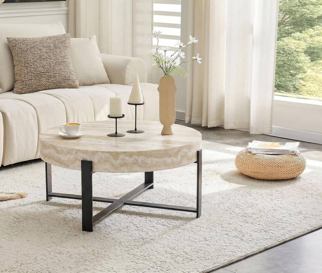 Round Coffee Table, Small Wood Coffee Table with Storage, Modern Wood Circle Table with Metal Frame, Round Accent Center Tables for Living Room Apartment Small Space