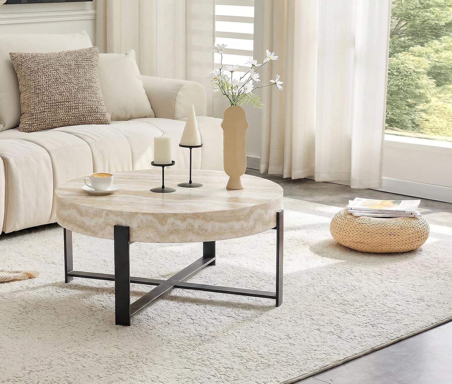 Round Coffee Table, Small Wood Coffee Table with Storage, Modern Wood Circle Table with Metal Frame, Round Accent Center Tables for Living Room Apartment Small Space