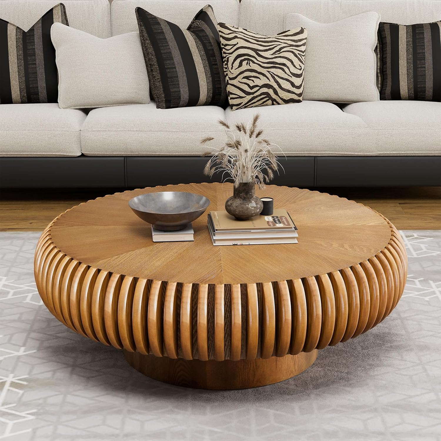 Round Drum Coffee Table Modern Coffee Tables Fluted Coffee Table Circle Center Table Pedestal End Table for Living Room Bedroom(Brown 31.5in)