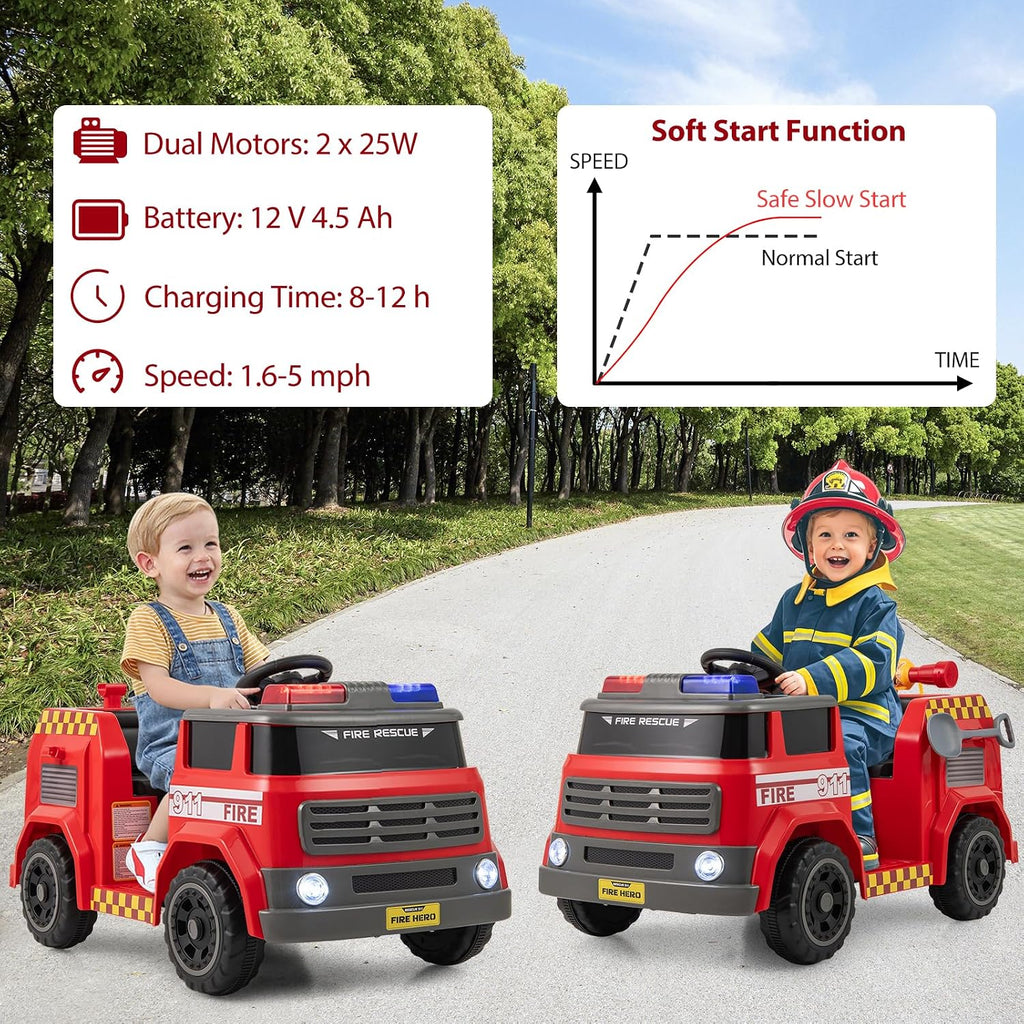 HONEY JOY Ride On Fire Truck, 12V Battery Powered Electric Car for Kids, Water Tank, Loudspeaker, Shovel, Music, Siren & Light, Firetruck Ride On Toy, Ride On Car w/Remote Control (Fire Truck)