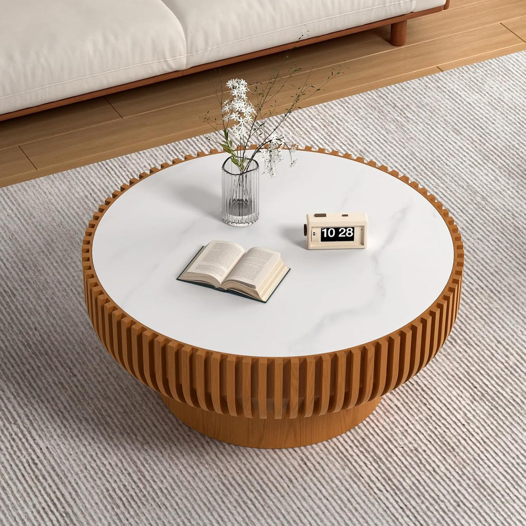 31.5' Round Coffee Table with Sintered Stone Tabletop, Modern Drum Fluted Center Table with Pine Wood Veneered, Unique Circle Wood Coffee Table for Living Room (Brown, 31.5' Sintered Stone Tabletop)