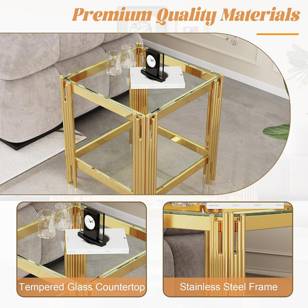 2-Tier Glass End Table, 20' Square Gold Side Table with Stainless Steel Legs and Clear Tempered Glass, Modern Luxury End Table for Living Room Home Office
