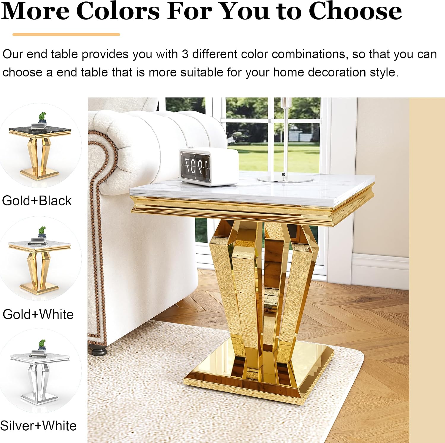 Living Room Coffee Table Set of 3, Modern Marble Coffee Table and 2 End Side Tables, 3-Piece Living Room Table Set with Stainless Steel Base for Living Room (Gold,White)