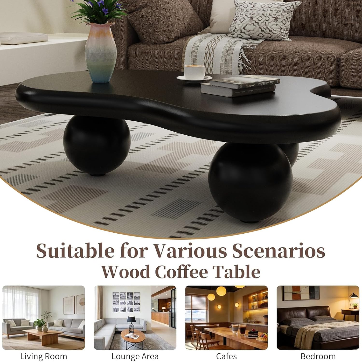 46' Black Cloud Shaped Coffee Table Irregular Coffee Table Cute Irregular Wooden Modern Center Tables with 3 Ball Legs for Bedroom Apartment, Living Room, Farmhouse (A46IN)