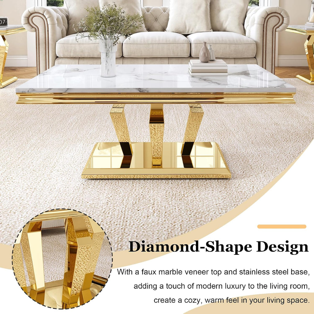 Modern Marble Coffee Table, 47' Living Room Table with Diamond-Shape Stainless Steel Base and Thickened Faux Marble Top for Living Room, Bedroom, Lounge (Gold,White)