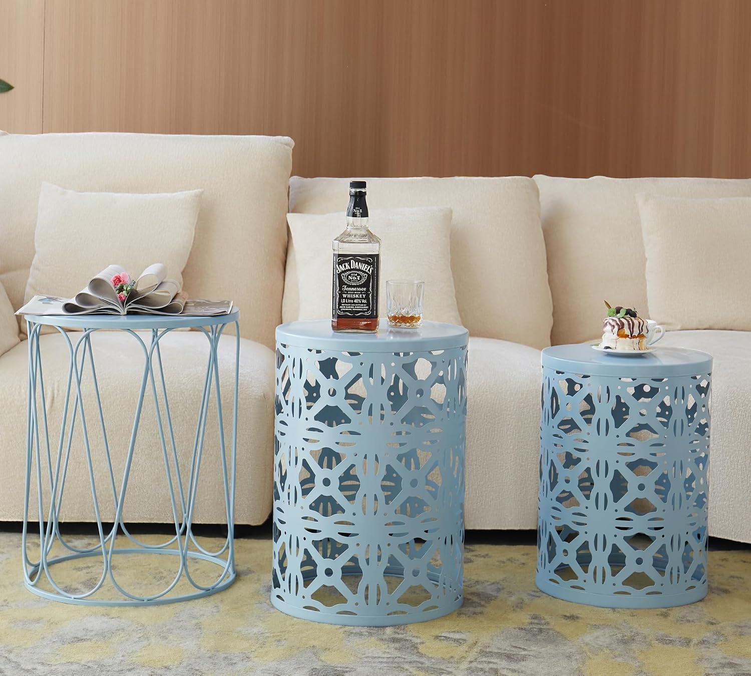 HFHOME Set of 3 Metal Outdoor Side Table, Nesting Round Coffee Table for Indoor Outdoor, Heavy Duty End Tables Plant Stand Living Room Garden Stool - Blue