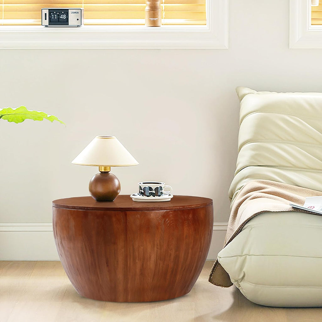 31.50' Vintage Style Bucket Shaped Coffee Table, Drum Coffee Table for Office, Dining Room and Living Room, Brown