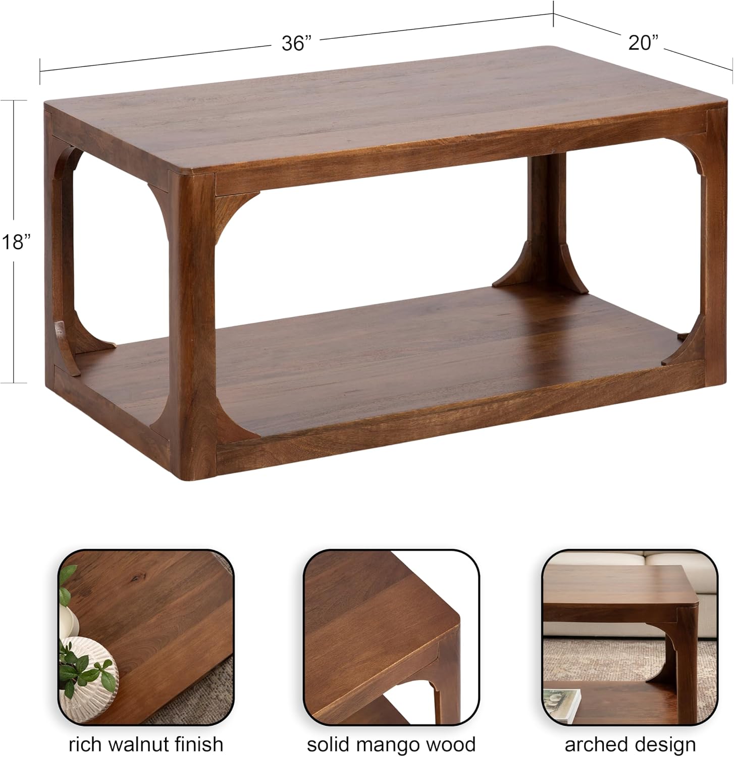 Kate and Laurel Dahl Transitional Rectangular Coffee Table; 36 x 20 x 18; Walnut Brown; Modern Rectangle Living Room Table with Solid Mango Wood Construction and Extra Underlying Storage