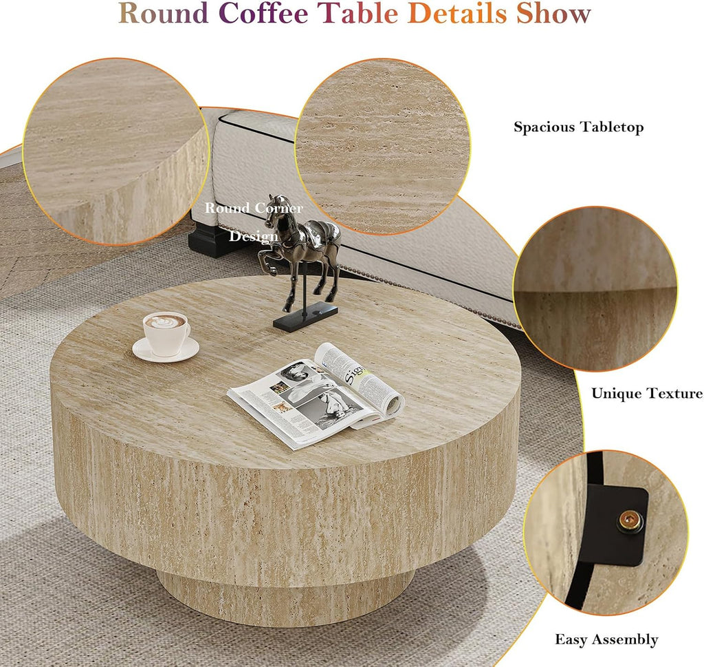 Round Travertine Coffee Table, with Large Tabletop & Base, Mid Century Rustic Circle Wood Center Table for Living Room Farmhouse Apartment, Easy Assembly (B)