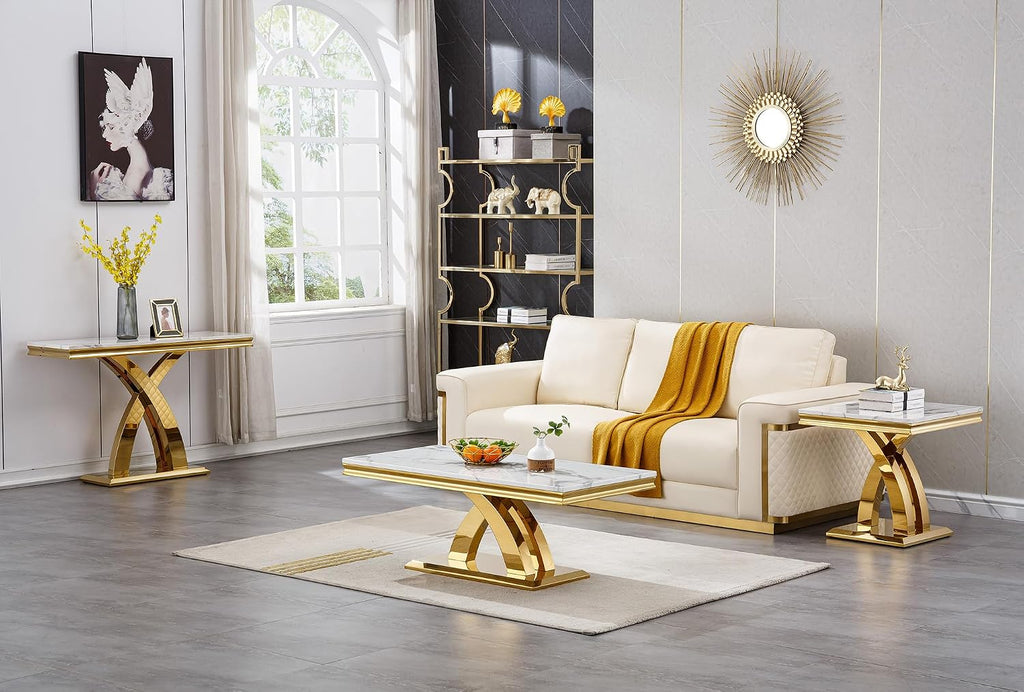 4 Pieces Living Room Table Set, Faux Marble Coffee Table Set of 4, Modern Coffee Table, Console Table and 2 End Tables with X-Shaped Stainless Steel Base for Living Room (White Gold)