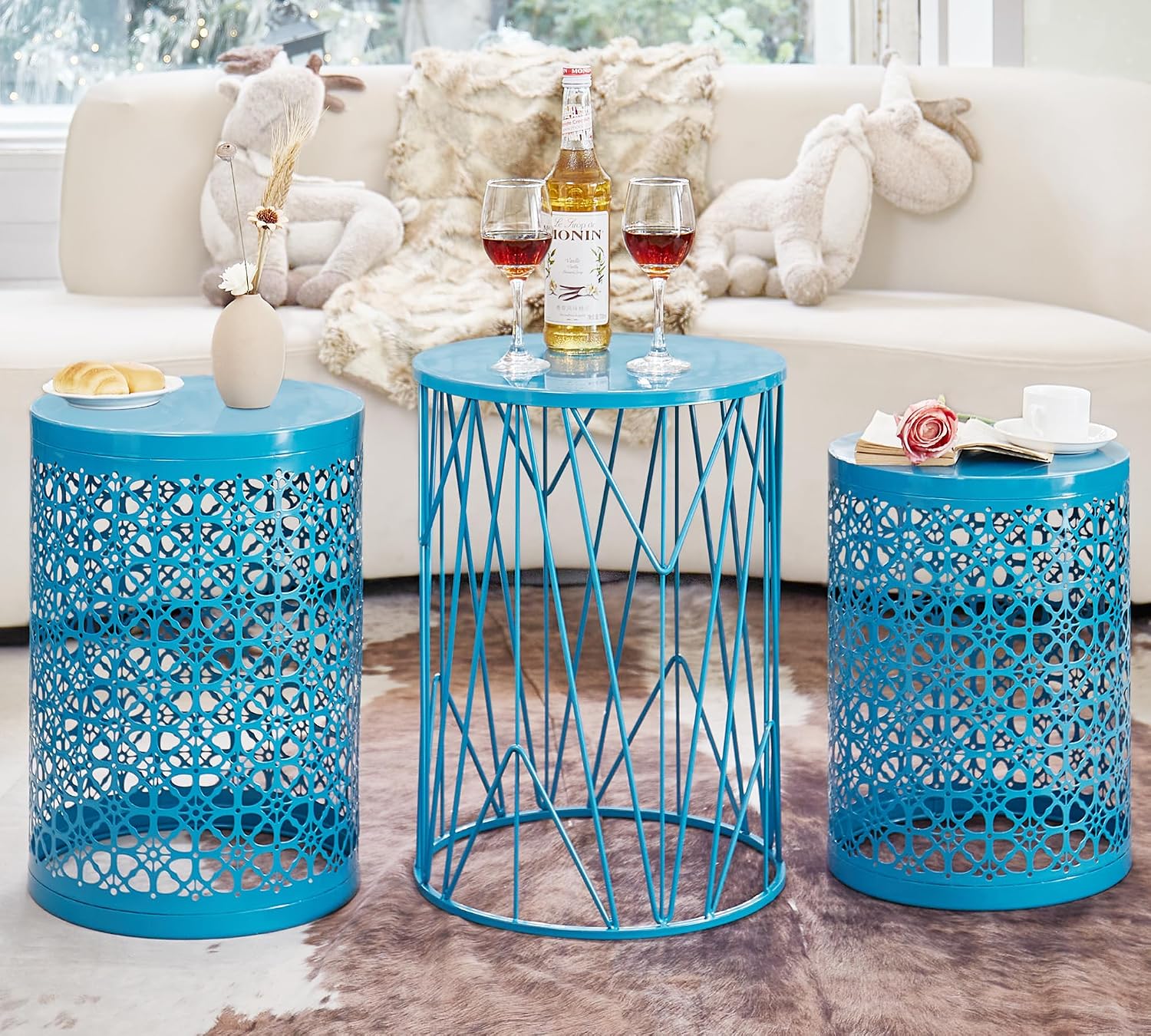 HFHOME Set of 3 Heavy-Duty Round End Table, Side Table, Coffee Table for Indoor Multifunctional Use, Outdoor Decorative Garden Stool Plant Stand-Blue