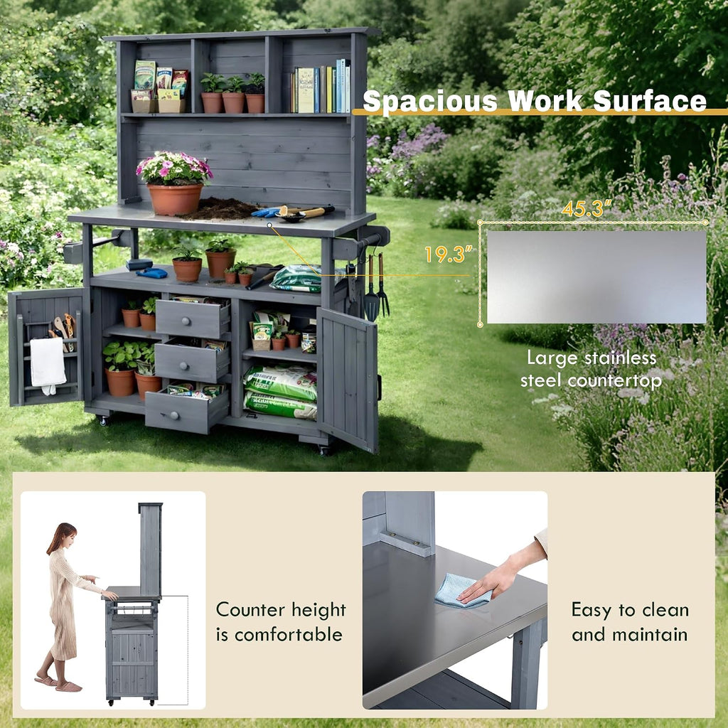Merax 65''H Large Garden Storage Potting Bench with Lockable Wheels, Wood Outdoor Kitchen Island with Stainless Steel top, Drawers, Door Shelves and Hutch for Grilling, Gray