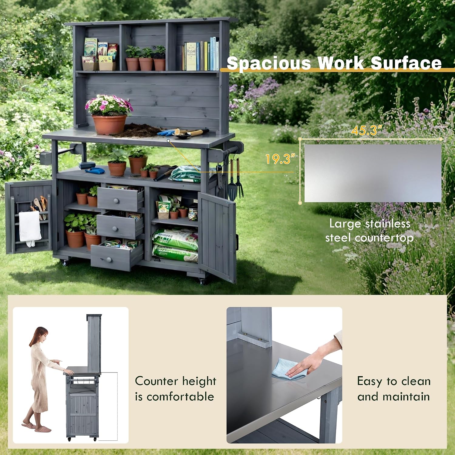 Merax 65''H Large Garden Storage Potting Bench with Lockable Wheels, Wood Outdoor Kitchen Island with Stainless Steel top, Drawers, Door Shelves and Hutch for Grilling, Gray