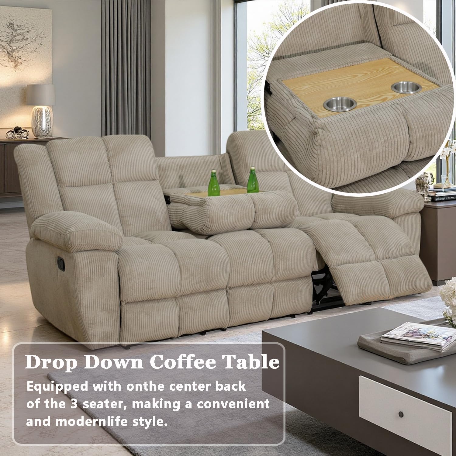 Corduroy Recliner Sofa Set with Cup Holder, 3 Pieces Living Room Furniture Sets, Manual Corduroy Sofa Set with Storage, Modern Reclining Couches for Living Room/Office
