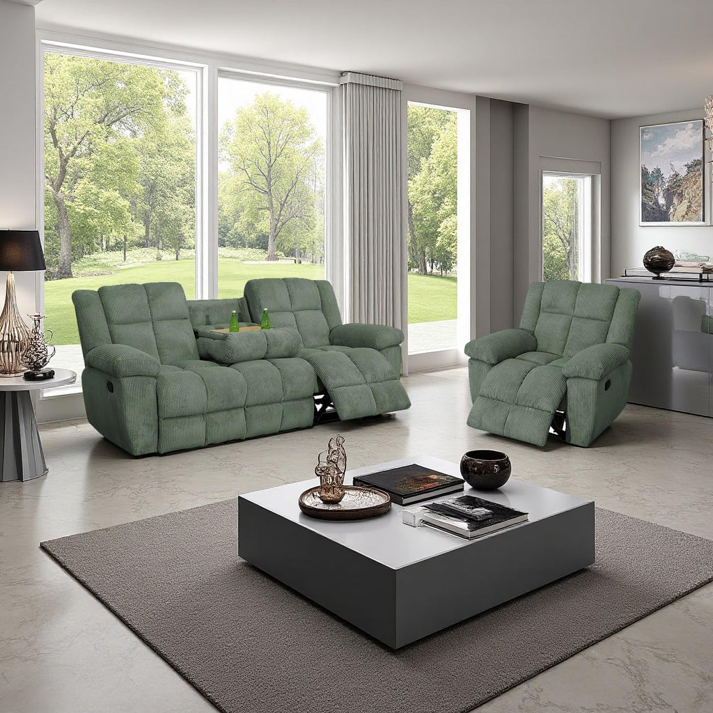 Corduroy Living Room Furniture Sets, Manual Reclining Corduroy Sofa and Chair Set with Drop-Down Table, Recliner Couch Sets, Recliner Sofa with Cup Holder for Home