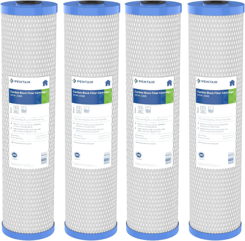 Pentair Pentek EPM-20BB Big Blue Carbon Block Water Filter, 20' x 4.5', 10 Micron, Bonded PAC, Chlorine Taste & Odor Reduction, 30,000 Gallon Capacity, Pack of 4