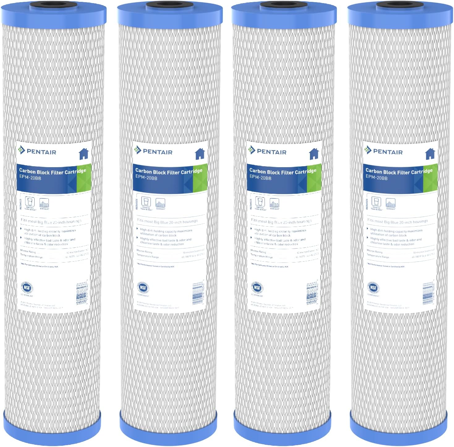 Pentair Pentek EPM-20BB Big Blue Carbon Block Water Filter, 20' x 4.5', 10 Micron, Bonded PAC, Chlorine Taste & Odor Reduction, 30,000 Gallon Capacity, Pack of 4